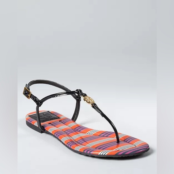 TORY BURCH EMMY STRIPED T STRAP LOGO FLAT SANDALS - Picture 1 of 13